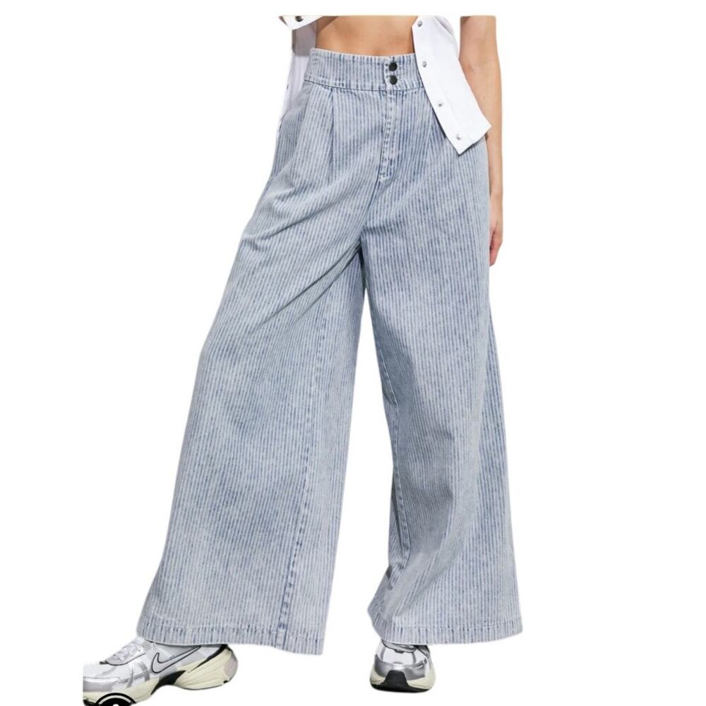 Play My Way Super Wide Leg Pleated Denim Jeans Pants Acid Wash Stripe NWT sz‎ LG